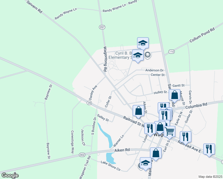 map of restaurants, bars, coffee shops, grocery stores, and more near 308 Seivern Road in Wagener