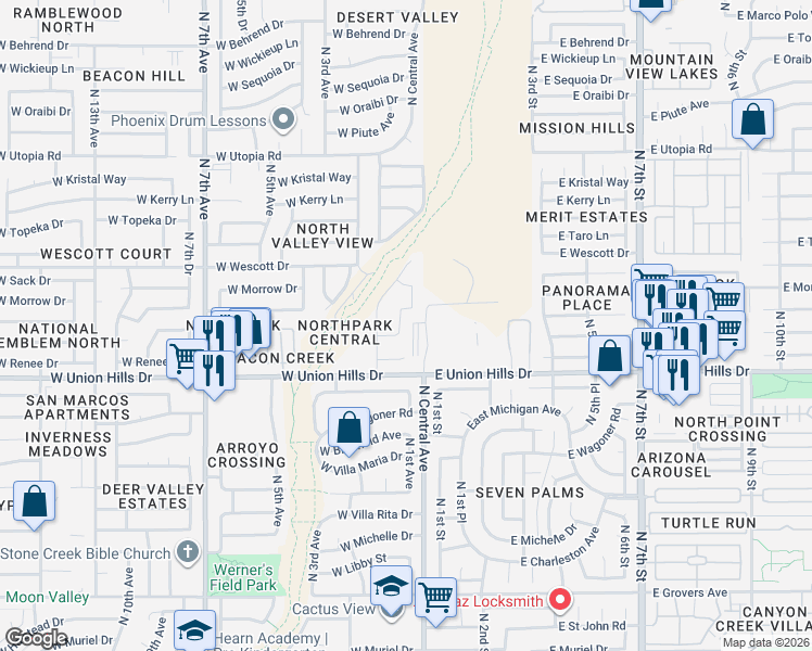 map of restaurants, bars, coffee shops, grocery stores, and more near 18806 North 1st Avenue in Phoenix