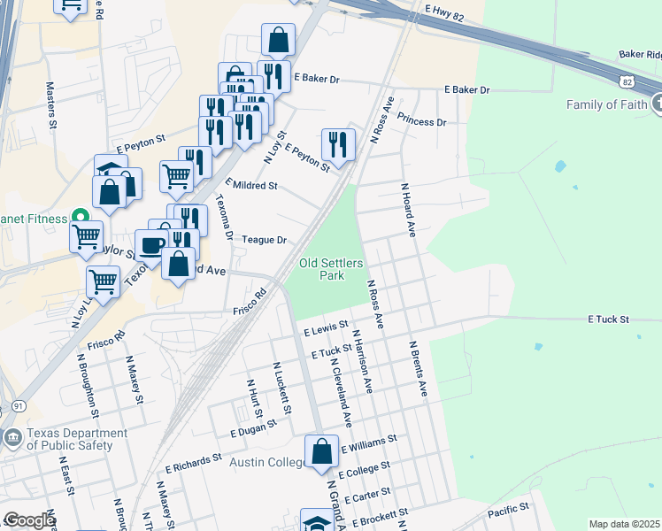 map of restaurants, bars, coffee shops, grocery stores, and more near 1609 North Harrison Avenue in Sherman