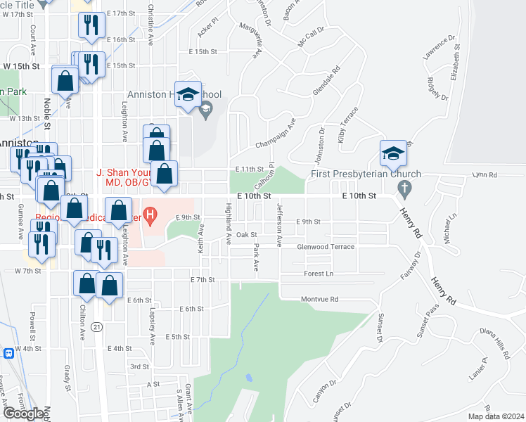 map of restaurants, bars, coffee shops, grocery stores, and more near 913 Isabell Avenue in Anniston