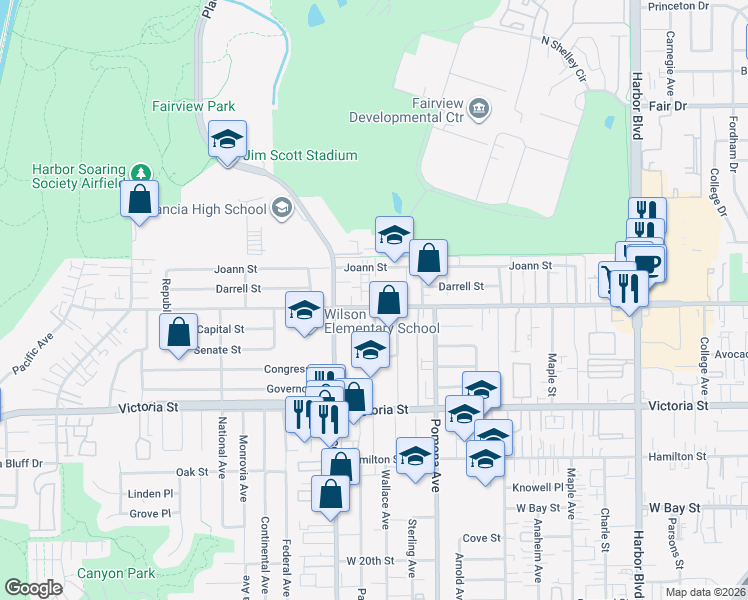 map of restaurants, bars, coffee shops, grocery stores, and more near 766 West Wilson Street in Costa Mesa