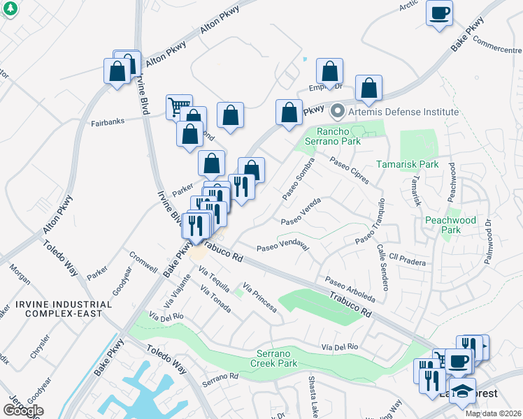 map of restaurants, bars, coffee shops, grocery stores, and more near 21081 Paseo Verdura in Lake Forest