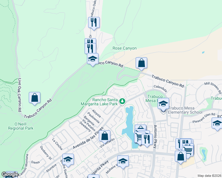 map of restaurants, bars, coffee shops, grocery stores, and more near 5 Aubrieta in Rancho Santa Margarita