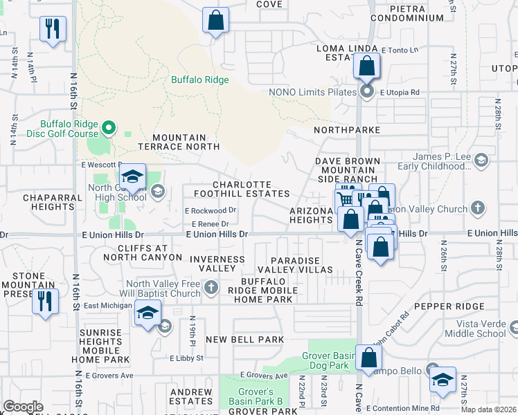 map of restaurants, bars, coffee shops, grocery stores, and more near 2112 East Rosemonte Drive in Phoenix