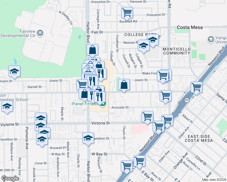 map of restaurants, bars, coffee shops, grocery stores, and more near 364 West Wilson Street in Costa Mesa