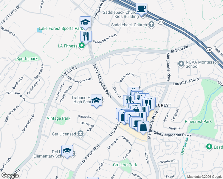 map of restaurants, bars, coffee shops, grocery stores, and more near 21115 Cedar Lane in Mission Viejo