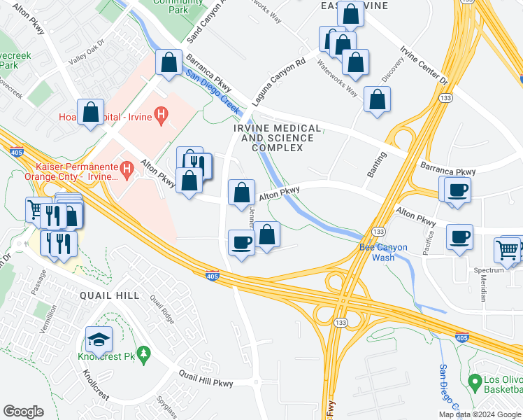 map of restaurants, bars, coffee shops, grocery stores, and more near 6 Jenner in Irvine