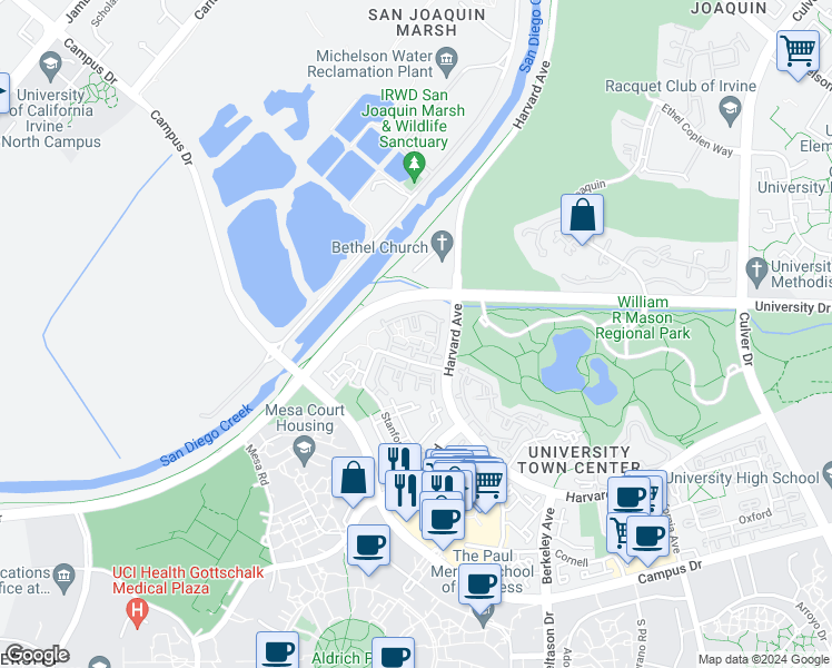 map of restaurants, bars, coffee shops, grocery stores, and more near 89 Stanford Court in Irvine