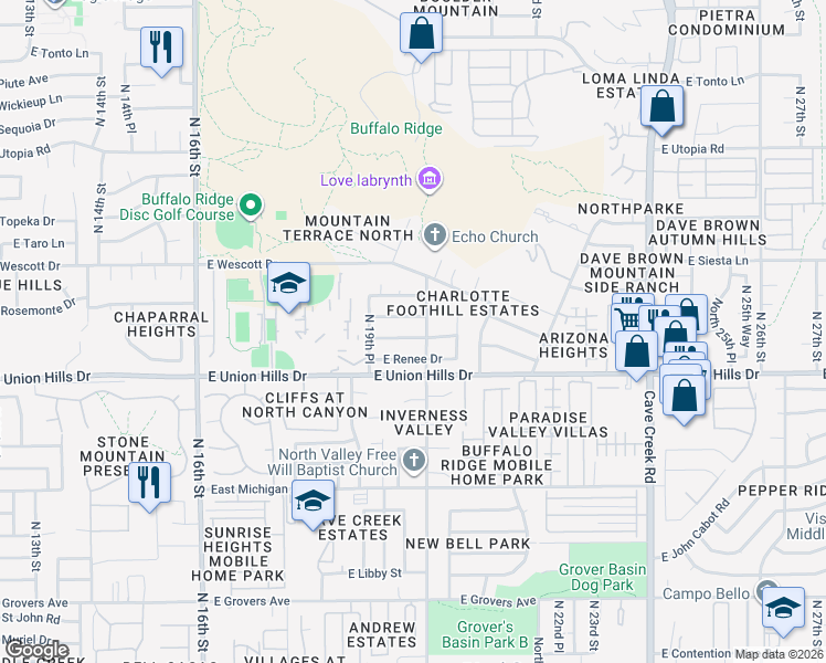 map of restaurants, bars, coffee shops, grocery stores, and more near 1960 East Rockwood Drive in Phoenix