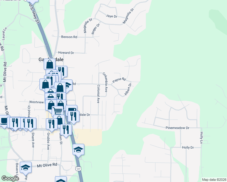 map of restaurants, bars, coffee shops, grocery stores, and more near 336 Albert Drive in Gardendale