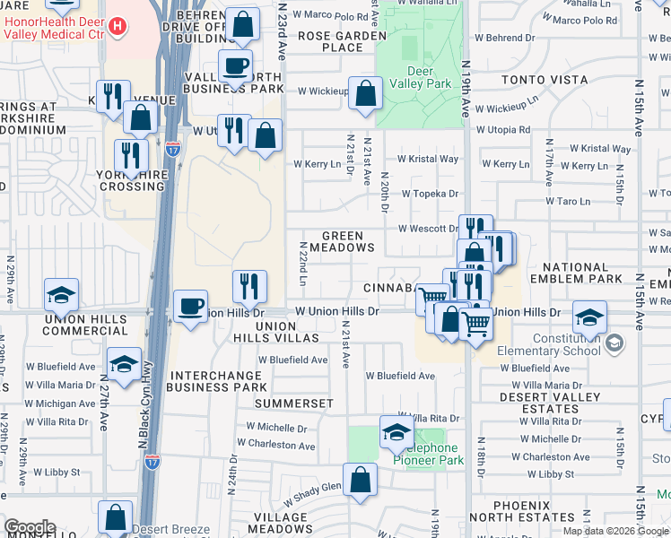 map of restaurants, bars, coffee shops, grocery stores, and more near 2101 West Kimberly Way in Phoenix