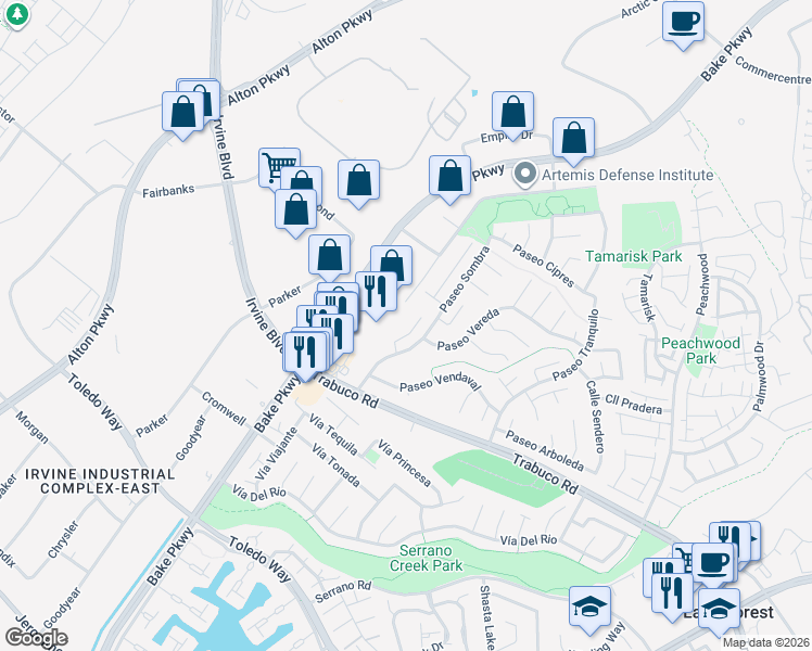 map of restaurants, bars, coffee shops, grocery stores, and more near 20984 Bake Parkway in Lake Forest