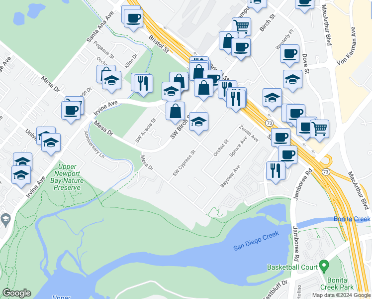 map of restaurants, bars, coffee shops, grocery stores, and more near 20301 Southwest Cypress Street in Newport Beach