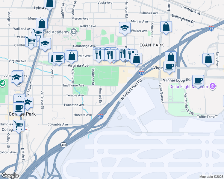 map of restaurants, bars, coffee shops, grocery stores, and more near 3619 Temple Avenue in Atlanta