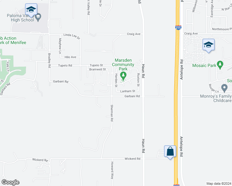 map of restaurants, bars, coffee shops, grocery stores, and more near 31989 Harden Street in Menifee