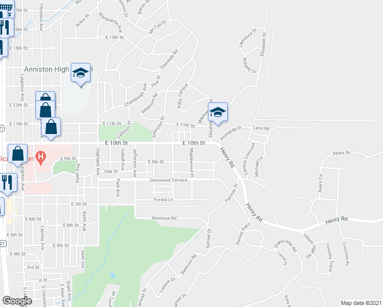 map of restaurants, bars, coffee shops, grocery stores, and more near 919 Maplewood Place in Anniston