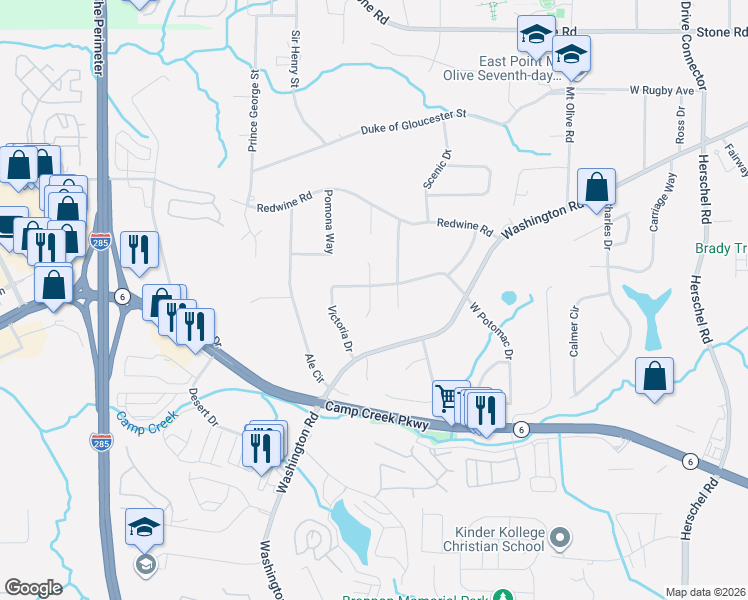 map of restaurants, bars, coffee shops, grocery stores, and more near 3612 Potomac Court in East Point