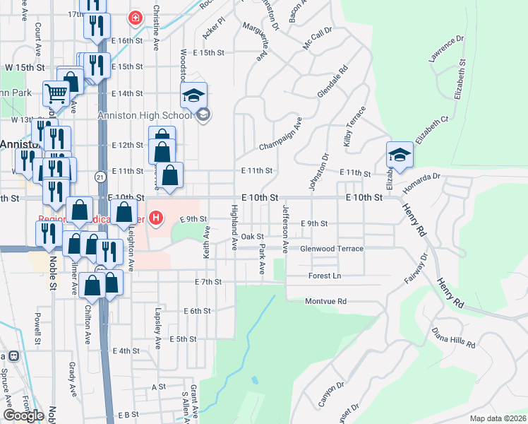 map of restaurants, bars, coffee shops, grocery stores, and more near 931 Isabell Avenue in Anniston