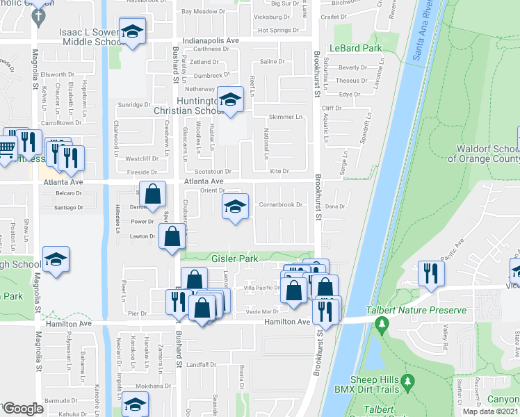 map of restaurants, bars, coffee shops, grocery stores, and more near 9782 Cornerbrook Drive in Huntington Beach