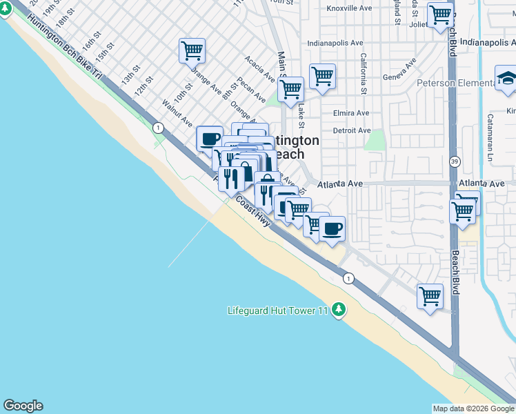 map of restaurants, bars, coffee shops, grocery stores, and more near 200 California 1 in Huntington Beach