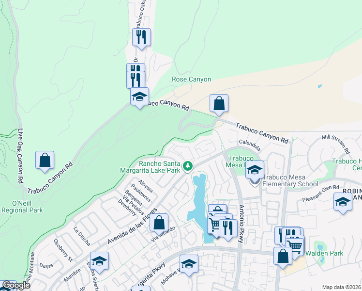 map of restaurants, bars, coffee shops, grocery stores, and more near 37 Lobelia in Rancho Santa Margarita