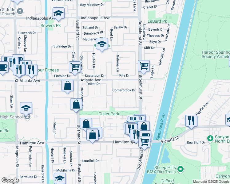 map of restaurants, bars, coffee shops, grocery stores, and more near 9782 Cornerbrook Drive in Huntington Beach
