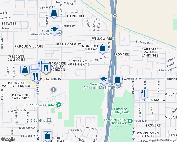 map of restaurants, bars, coffee shops, grocery stores, and more near 3609 East Rockwood Drive in Phoenix