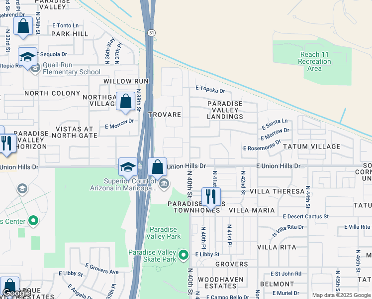 map of restaurants, bars, coffee shops, grocery stores, and more near 4001 East Rosemonte Drive in Phoenix