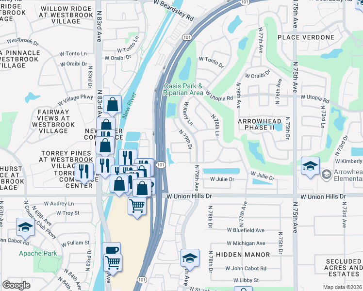 map of restaurants, bars, coffee shops, grocery stores, and more near 7920 West Taro Lane in Glendale
