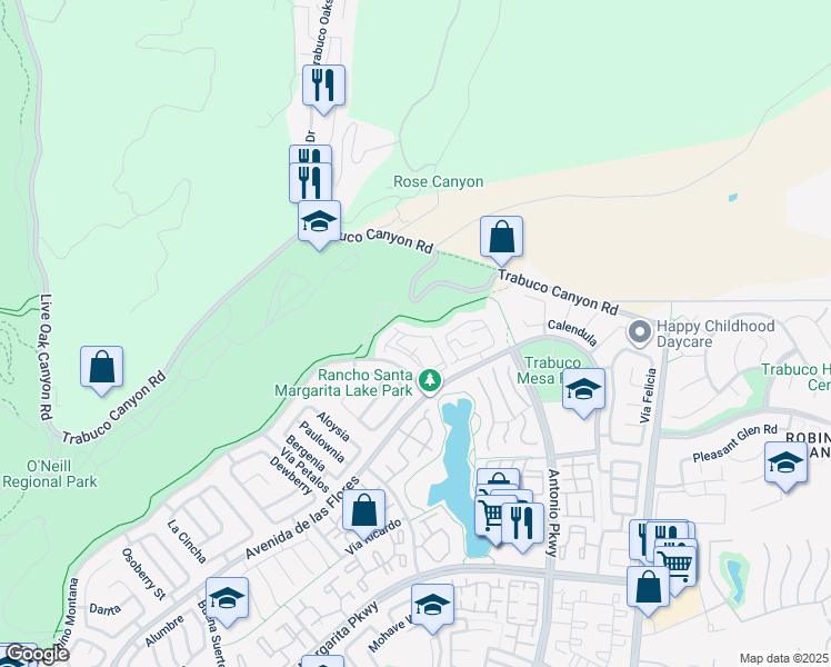 map of restaurants, bars, coffee shops, grocery stores, and more near 19 Lobelia in Rancho Santa Margarita