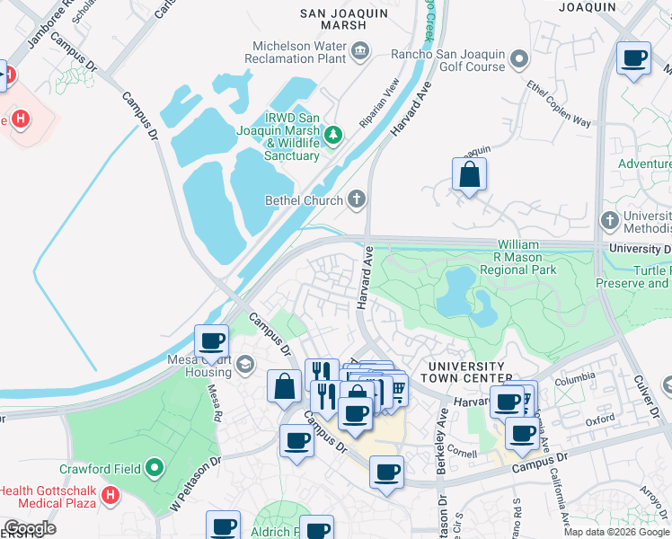 map of restaurants, bars, coffee shops, grocery stores, and more near 89 Stanford Court in Irvine