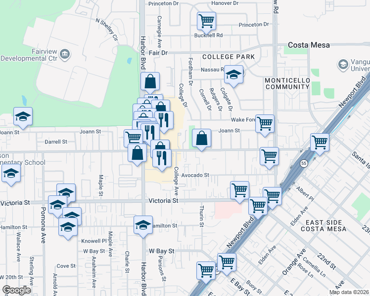 map of restaurants, bars, coffee shops, grocery stores, and more near 364 West Wilson Street in Costa Mesa