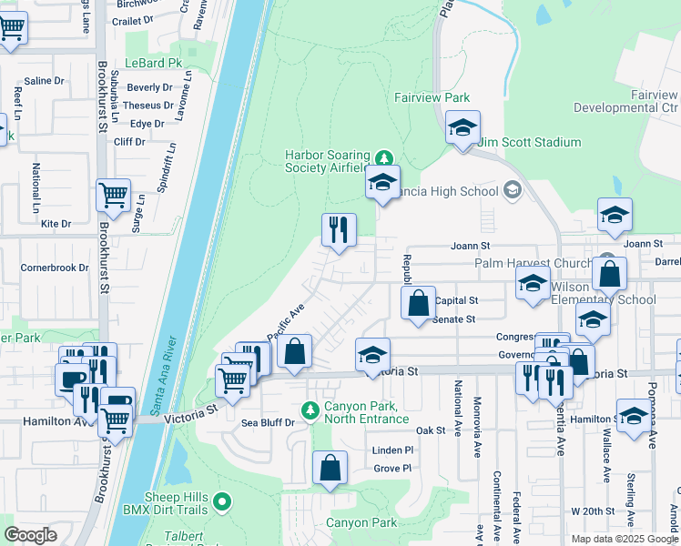map of restaurants, bars, coffee shops, grocery stores, and more near 1024 Sea Breeze Drive in Costa Mesa