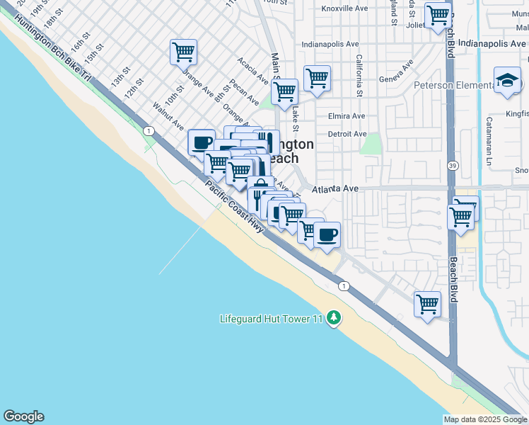 map of restaurants, bars, coffee shops, grocery stores, and more near 220 2nd Street in Huntington Beach