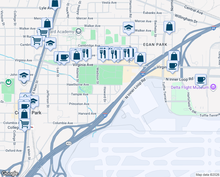 map of restaurants, bars, coffee shops, grocery stores, and more near 3616 Howard Drive in College Park
