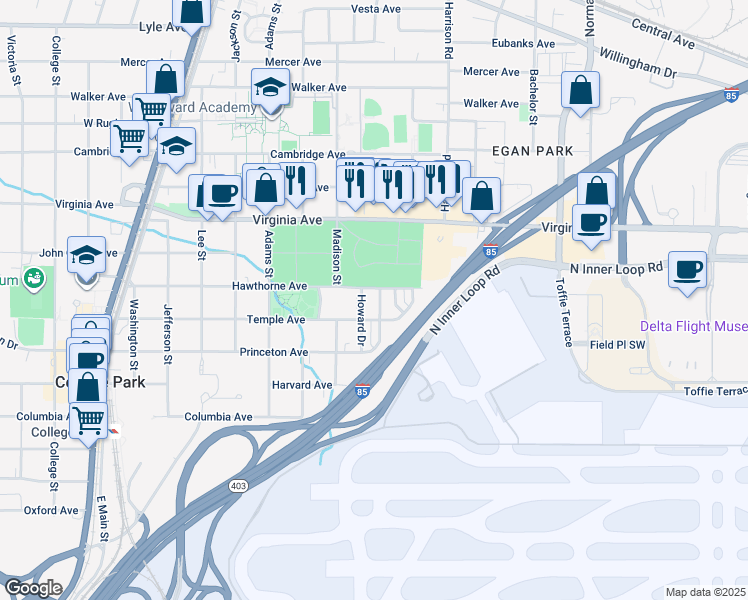 map of restaurants, bars, coffee shops, grocery stores, and more near 3616 Howard Drive in College Park