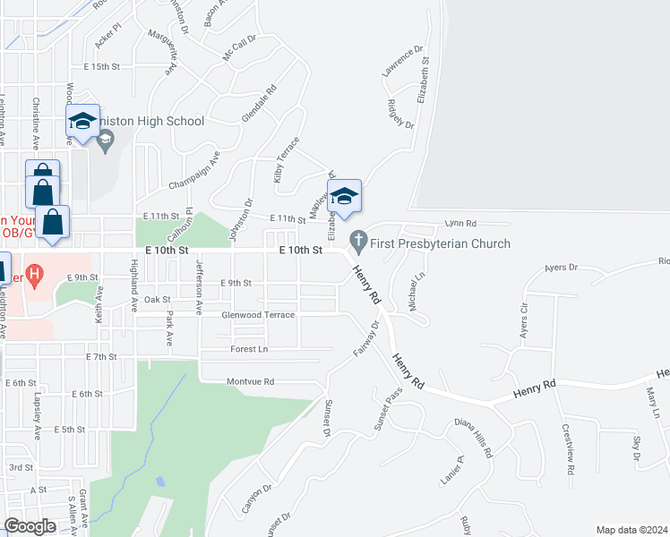 map of restaurants, bars, coffee shops, grocery stores, and more near 1524 East 10th Street in Anniston
