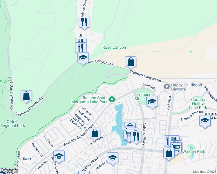 map of restaurants, bars, coffee shops, grocery stores, and more near 19 Lobelia in Rancho Santa Margarita