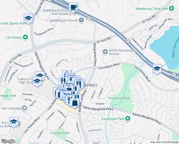 map of restaurants, bars, coffee shops, grocery stores, and more near 27985 Crimson in Mission Viejo