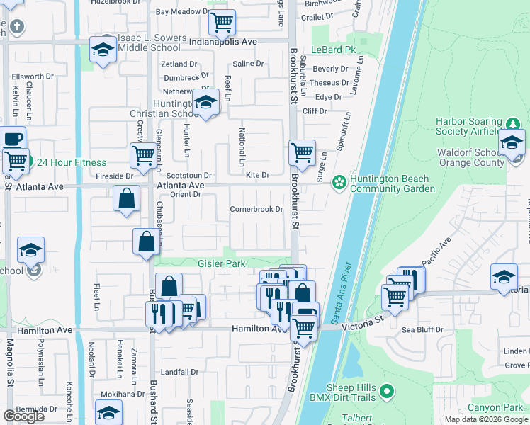 map of restaurants, bars, coffee shops, grocery stores, and more near 9882 Cornerbrook Drive in Huntington Beach