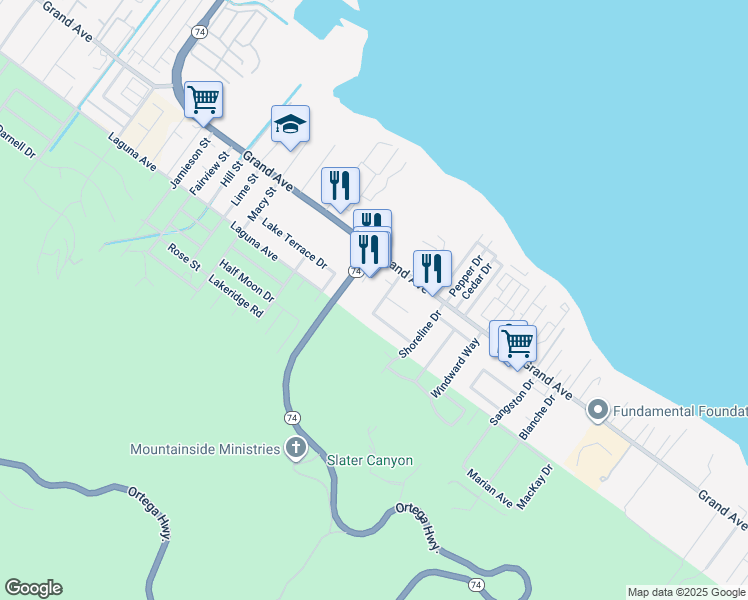 map of restaurants, bars, coffee shops, grocery stores, and more near 1515 Morro Way in Lake Elsinore
