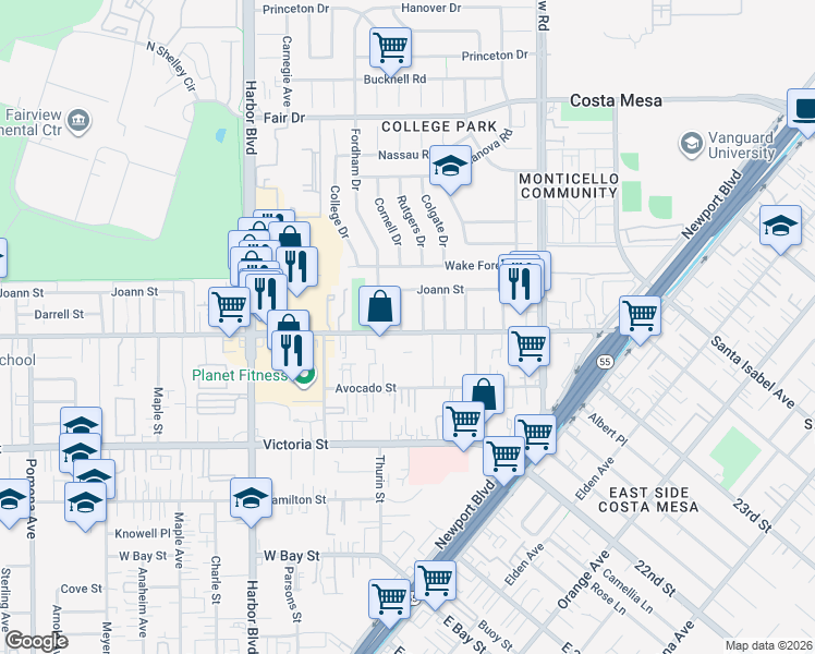 map of restaurants, bars, coffee shops, grocery stores, and more near 2252 Cornell Drive in Costa Mesa
