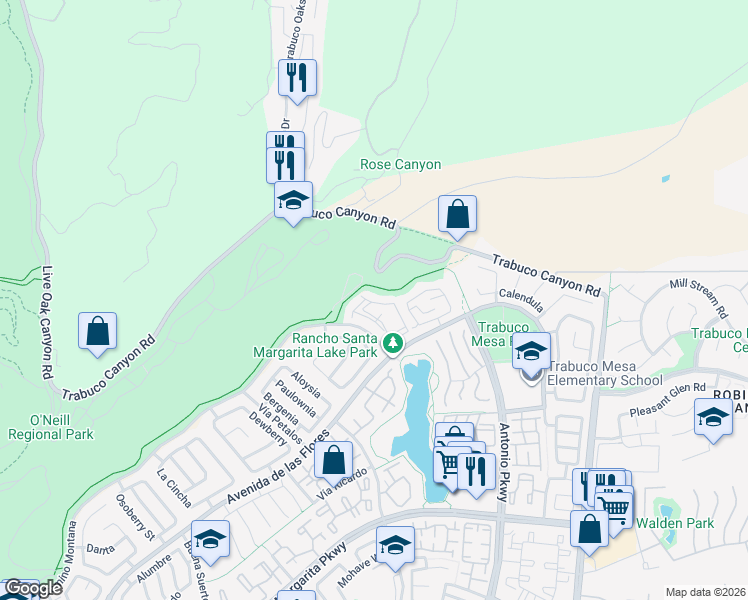map of restaurants, bars, coffee shops, grocery stores, and more near 19 Lobelia in Rancho Santa Margarita
