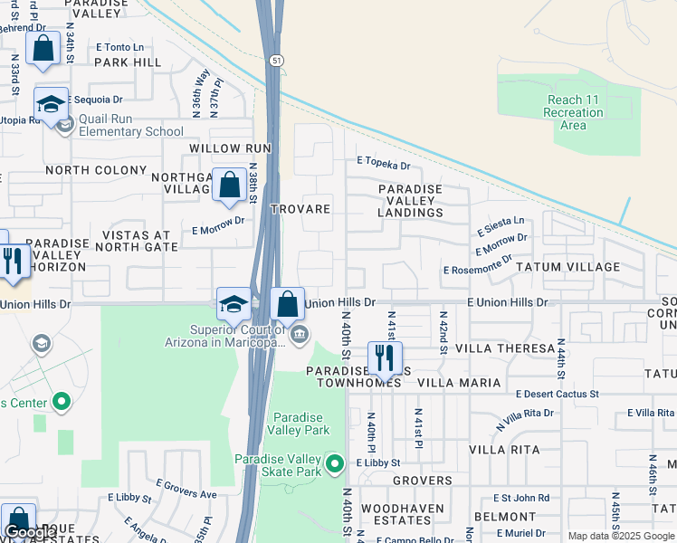 map of restaurants, bars, coffee shops, grocery stores, and more near 4001 East Rosemonte Drive in Phoenix