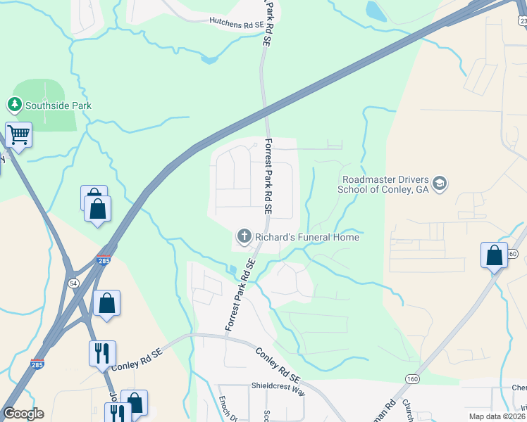 map of restaurants, bars, coffee shops, grocery stores, and more near 1041 Eisenhower Road Southeast in Atlanta