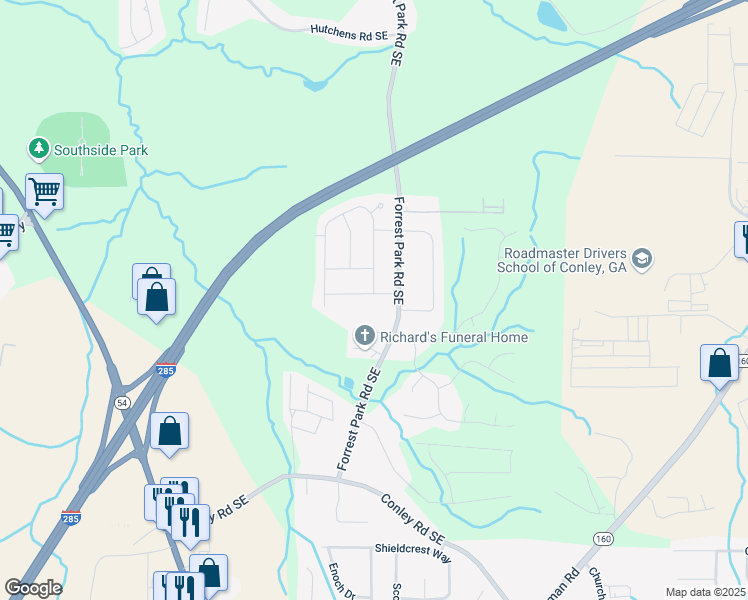 map of restaurants, bars, coffee shops, grocery stores, and more near 1017 Eisenhower Road Southeast in Atlanta