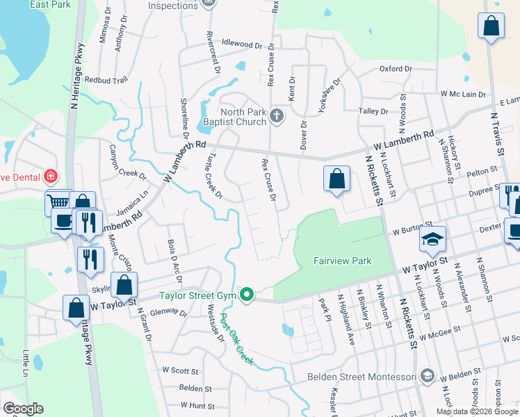 map of restaurants, bars, coffee shops, grocery stores, and more near 2111 Turtle Creek Circle in Sherman