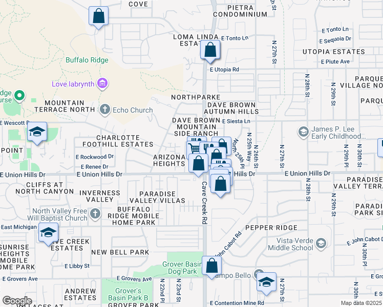 map of restaurants, bars, coffee shops, grocery stores, and more near 18660 North Cave Creek Road in Phoenix