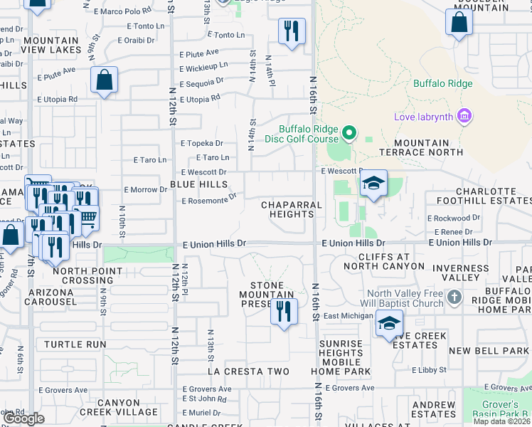 map of restaurants, bars, coffee shops, grocery stores, and more near 18636 North 14th Place in Phoenix