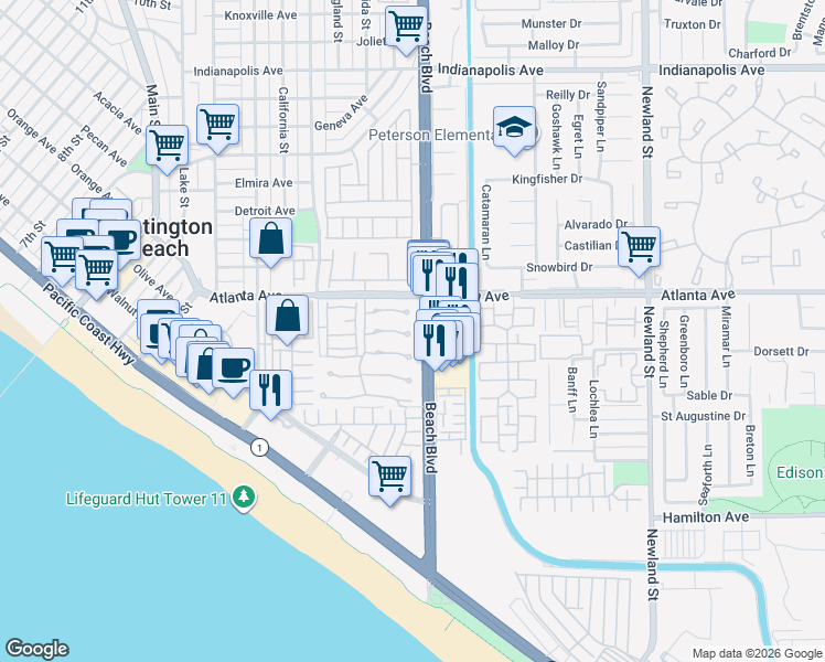 map of restaurants, bars, coffee shops, grocery stores, and more near 7975 Seawall Circle in Huntington Beach